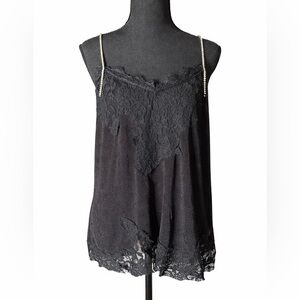 Black Lace Cami Top w/ Rhinestone Straps Y2K